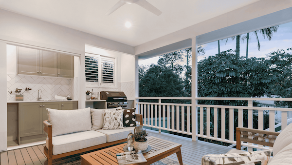 High-end outdoor entertaining area with timber deck and covered patio, Sunshine Coast home